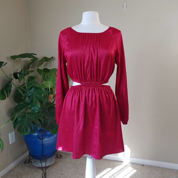 Crystal Doll - Red Satin long sleeve, open waist and slit back dress  Size L - Picture 1 of 6